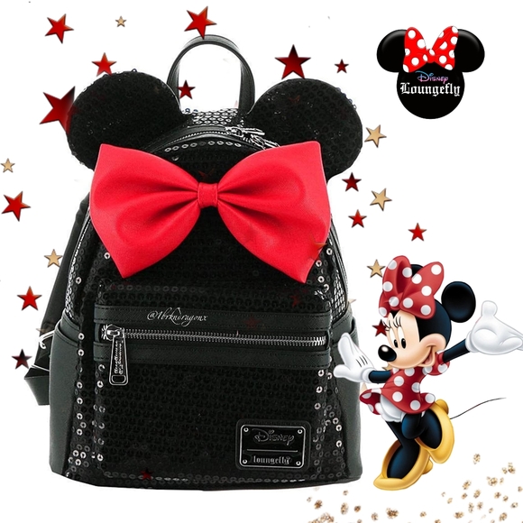 NWT Disney Parks Loungefly Sequin Minnie Mouse Backpack Black Red Sparkle Galore - Picture 6 of 15